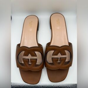 Gucci Brown Leather Interlocking G Slide Sandals